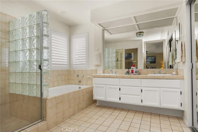 24330 Via Arriba Linda, Yorba Linda, CA 92887 - bathroom featuring a shower stall, double vanity, a garden tub, tile patterned floors, and ceiling fan