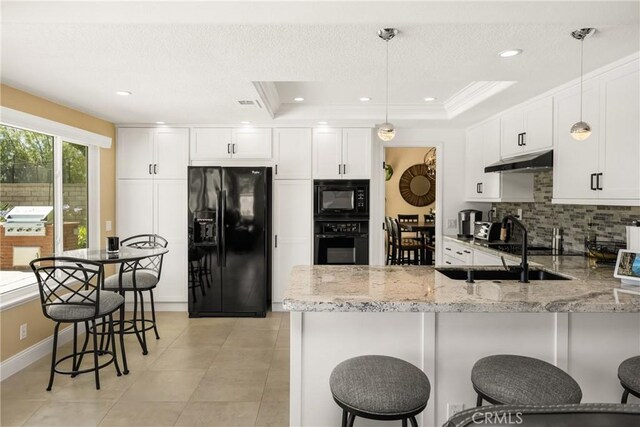 24330 Via Arriba Linda, Yorba Linda, CA 92887 - kitchen with black appliances, under cabinet range hood, a peninsula, tasteful backsplash, and light stone countertops
