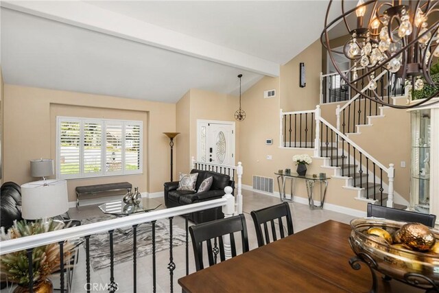 24330 Via Arriba Linda, Yorba Linda, CA 92887 - tiled dining space with beam ceiling, stairs, a chandelier, and high vaulted ceiling