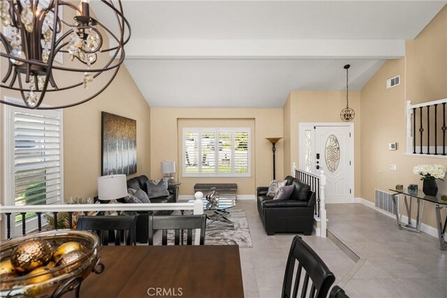 24330 Via Arriba Linda, Yorba Linda, CA 92887 - tiled dining space featuring beam ceiling, a chandelier, and high vaulted ceiling
