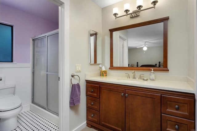 468 Las Brisas Dr, Escondido, CA 92027 - bathroom with vanity, a stall shower, and a ceiling fan
