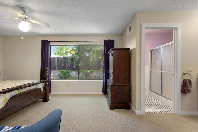468 Las Brisas Dr, Escondido, CA 92027 - bedroom with light carpet, a textured ceiling, and a ceiling fan