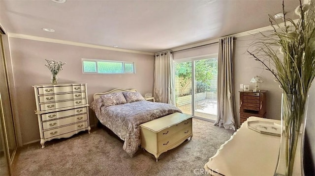 3001 Via Buena Vis Unit C, Laguna Woods, CA 92637 - carpeted bedroom featuring access to exterior and ornamental molding