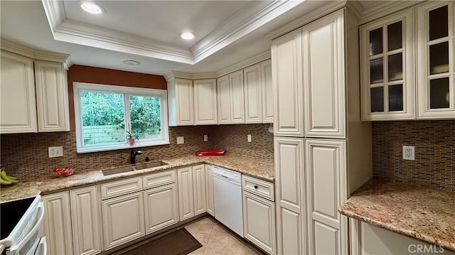 3001 Via Buena Vis Unit C, Laguna Woods, CA 92637 - kitchen featuring white appliances, backsplash, light tile patterned floors, crown molding, and recessed lighting