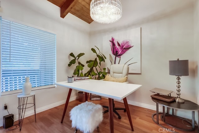 18350 Hatteras St Unit 263, Tarzana, CA 91356 - office with wood finished floors, a chandelier, and wooden ceiling