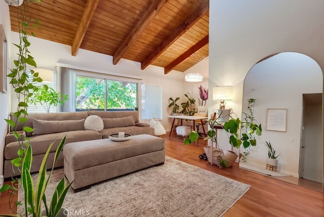18350 Hatteras St Unit 263, Tarzana, CA 91356 - living room with a wooden ceiling with exposed beams, wood finished floors, high vaulted ceiling, and arched walkways