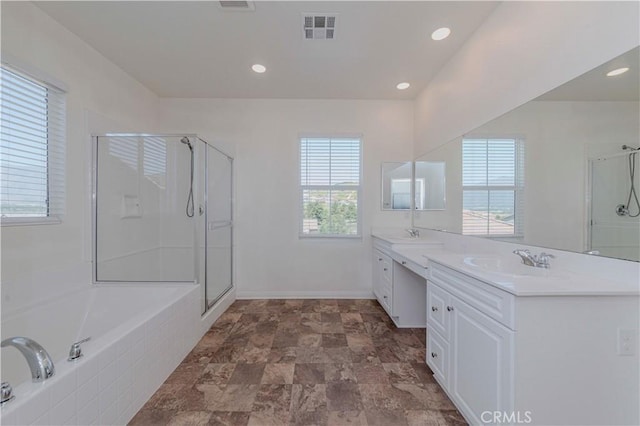 24679 Acadia Dr, Corona, CA 92883 - full bath with double vanity, a shower stall, a bath, and recessed lighting