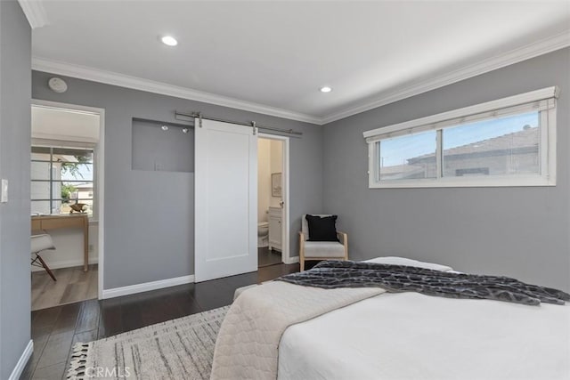 5337 Canehill Ave, Lakewood, CA 90713 - bedroom with multiple windows, ornamental molding, recessed lighting, a barn door, and dark wood-style flooring
