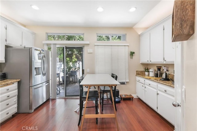 28305 Paseo El Siena Unit 10, Laguna Niguel, CA 92677 - kitchen featuring stainless steel fridge, dark wood-style floors, white cabinets, recessed lighting, and light stone countertops