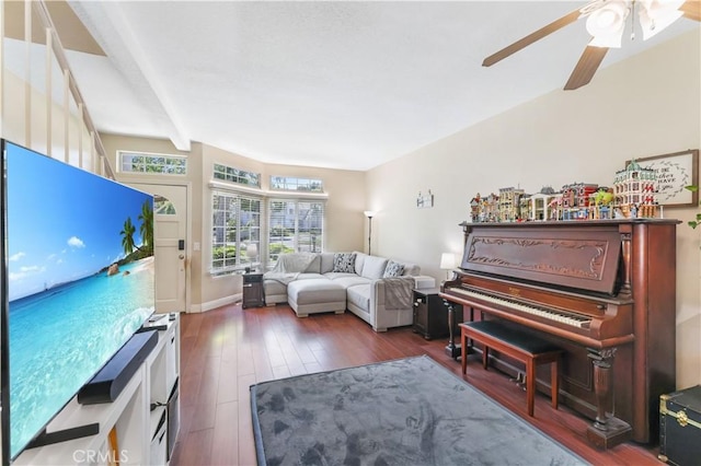 28305 Paseo El Siena Unit 10, Laguna Niguel, CA 92677 - living area with wood finished floors, ceiling fan, and beam ceiling