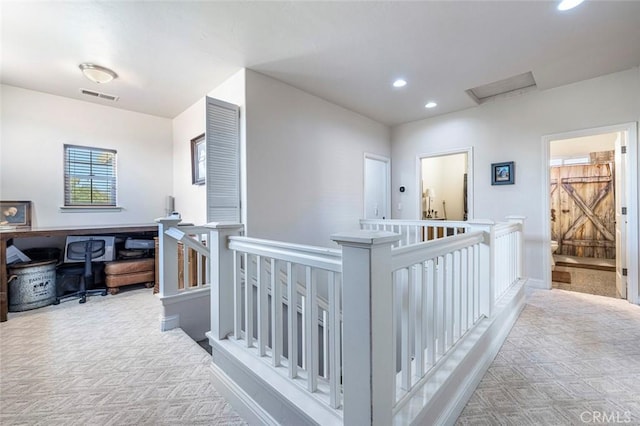 6 N Post Ave, Sanger, CA 93657 - hall featuring an upstairs landing, recessed lighting, light carpet, and healthy amount of natural light