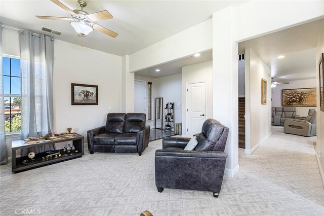 6 N Post Ave, Sanger, CA 93657 - living room featuring light carpet, a ceiling fan, and recessed lighting