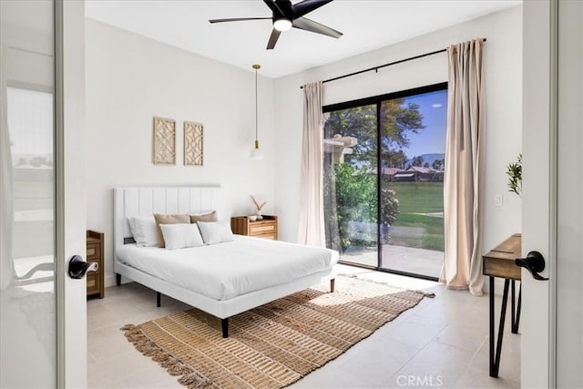 42407 Liolios Dr, Palm Desert, CA 92211 - bedroom featuring access to outside, light tile patterned floors, and ceiling fan