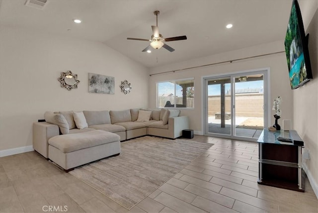 2454 W Mallard Ln, Hanford, CA 93230 - living room featuring a ceiling fan, vaulted ceiling, light wood finished floors, and recessed lighting