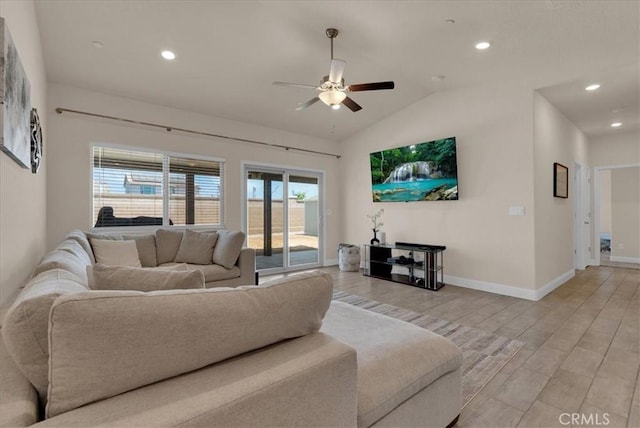 2454 W Mallard Ln, Hanford, CA 93230 - living area with ceiling fan, vaulted ceiling, light wood-style floors, and recessed lighting