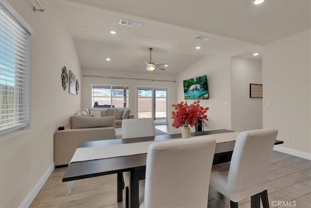 2454 W Mallard Ln, Hanford, CA 93230 - dining space featuring lofted ceiling, ceiling fan, and recessed lighting