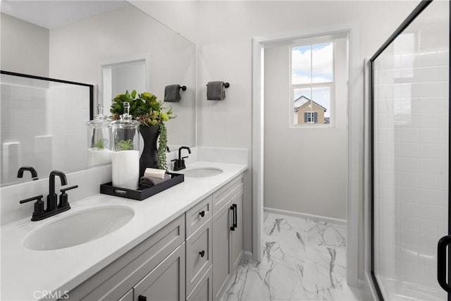 16357 Sandpiper Ave, Chino, CA 91708 - full bathroom with marble finish flooring, double vanity, and a shower stall