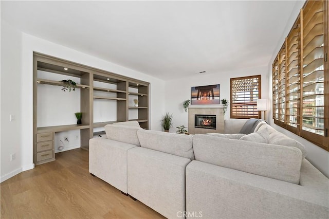 33307 Decada St, Temecula, CA 92592 - living area featuring a glass covered fireplace and wood finished floors
