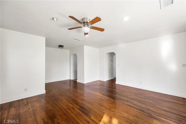4851 Faculty Ave, Long Beach, CA 90808 - unfurnished room with arched walkways, ceiling fan, wood finished floors, and recessed lighting