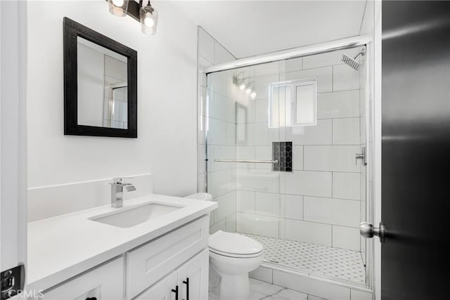 4851 Faculty Ave, Long Beach, CA 90808 - bathroom with marble look tiles, vanity, and a stall shower
