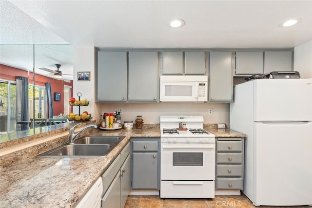 13208 Setting Sun Ct, Chino Hills, CA 91709 - kitchen with white appliances, gray cabinets, ceiling fan, recessed lighting, and light countertops