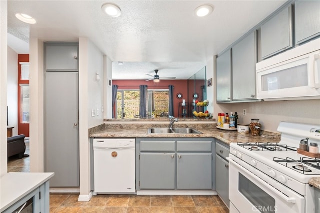 13208 Setting Sun Ct, Chino Hills, CA 91709 - kitchen with white appliances, gray cabinets, a ceiling fan, a textured ceiling, and recessed lighting