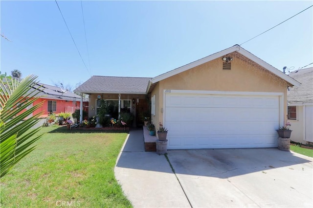 4981 Tulsa Ave, Riverside, CA 92505 - ranch-style home featuring driveway, stucco siding, a front yard, and a garage