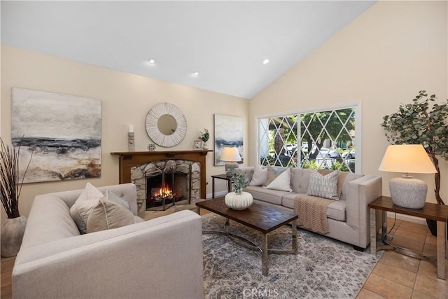 24002 Plover Ln, Laguna Niguel, CA 92677 - living room featuring a fireplace, tile patterned floors, high vaulted ceiling, and recessed lighting