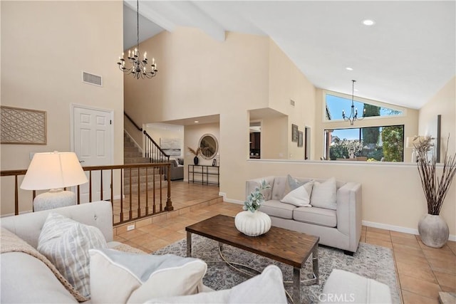 24002 Plover Ln, Laguna Niguel, CA 92677 - tiled living room with a chandelier, high vaulted ceiling, stairs, recessed lighting, and beam ceiling