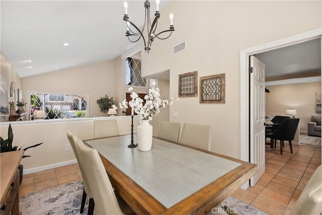 24002 Plover Ln, Laguna Niguel, CA 92677 - dining area featuring a chandelier, high vaulted ceiling, tile patterned floors, and recessed lighting