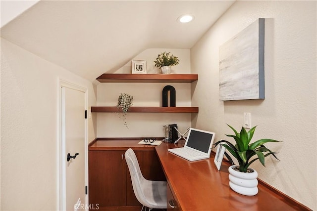 24002 Plover Ln, Laguna Niguel, CA 92677 - office featuring vaulted ceiling, recessed lighting, and built in desk