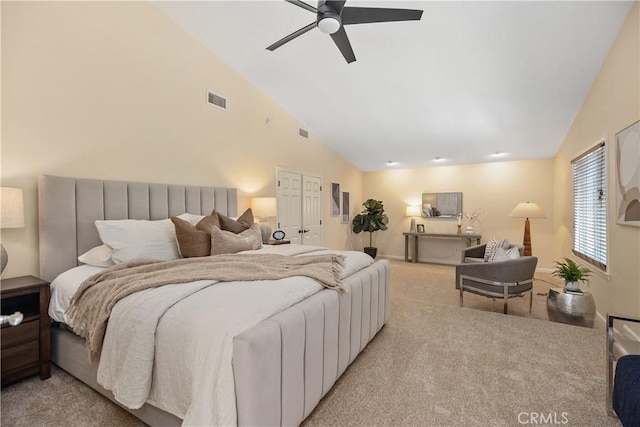 24002 Plover Ln, Laguna Niguel, CA 92677 - bedroom featuring light colored carpet, high vaulted ceiling, and ceiling fan