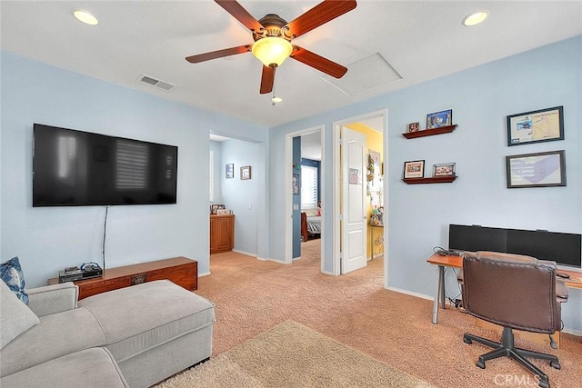 11219 Dumetz Ln, Loma Linda, CA 92354 - office area with light carpet, attic access, ceiling fan, and recessed lighting