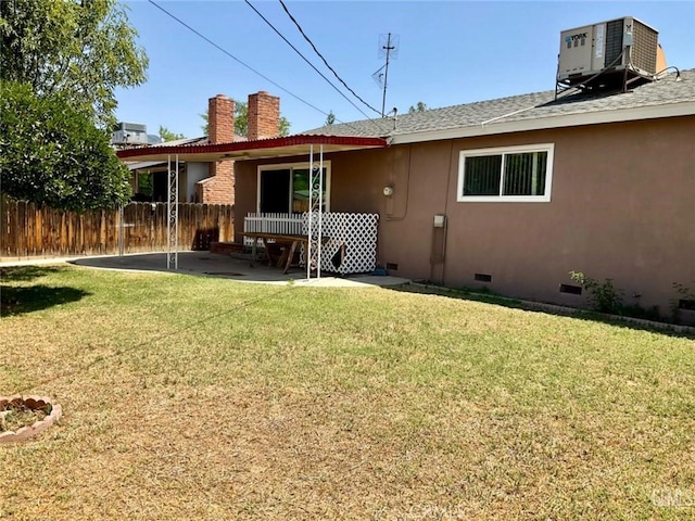 2720 Baylor St, Bakersfield, CA 93305 - rear view of property featuring stucco siding, crawl space, a chimney, a patio, and a shingled roof