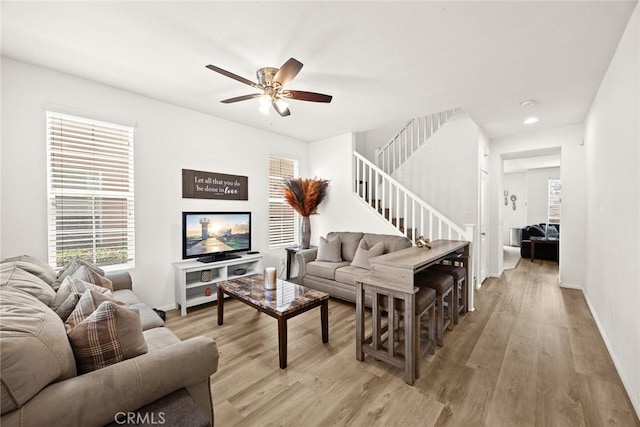1711 Lordsburg Ct, La Verne, CA 91750 - living area with stairway, a ceiling fan, healthy amount of natural light, light wood finished floors, and recessed lighting