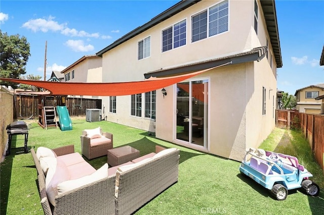 1711 Lordsburg Ct, La Verne, CA 91750 - rear view of house with a playground, a fenced backyard, stucco siding, and an outdoor hangout area