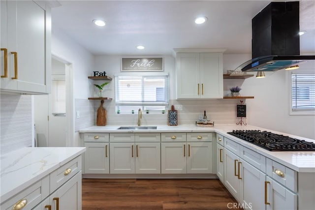 3644 Ardilla Ave, Baldwin Park, CA 91706 - kitchen with extractor fan, open shelves, black gas cooktop, tasteful backsplash, and recessed lighting