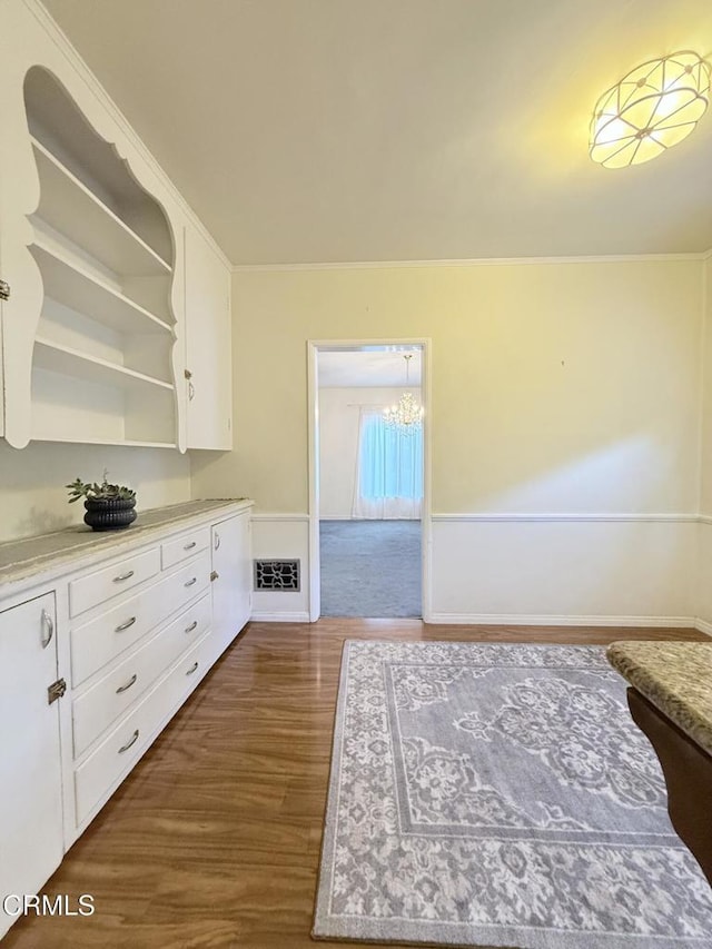 250 S Berkeley Ave, Pasadena, CA 91107 - kitchen featuring dark wood-style floors, white cabinets, open shelves, a chandelier, and light countertops