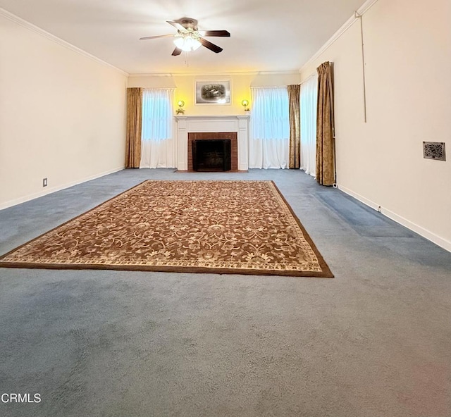250 S Berkeley Ave, Pasadena, CA 91107 - unfurnished living room with a ceiling fan, ornamental molding, carpet, and a brick fireplace