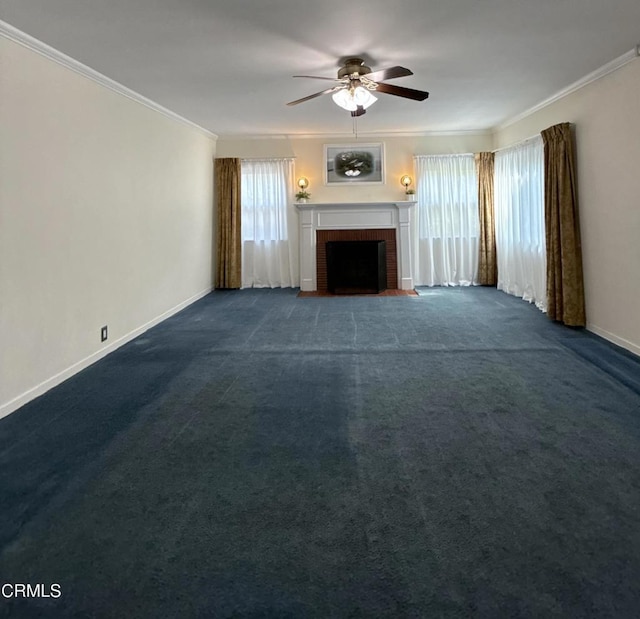 250 S Berkeley Ave, Pasadena, CA 91107 - unfurnished living room with a ceiling fan, ornamental molding, a fireplace, and dark colored carpet
