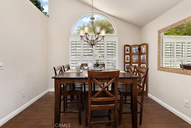1413 Daisy St, Upland, CA 91784 - dining space featuring lofted ceiling, a chandelier, plenty of natural light, and dark wood-type flooring