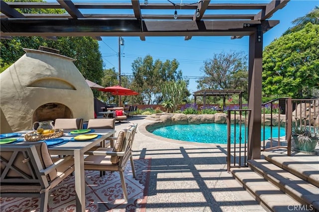 1335 Crestview Ave, Seal Beach, CA 90740 - view of swimming pool with a pergola, a patio, and outdoor dining space