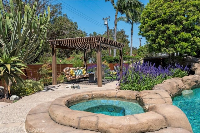 1335 Crestview Ave, Seal Beach, CA 90740 - view of swimming pool with a fenced backyard, a patio, an in-ground hot tub, and outdoor lounge area