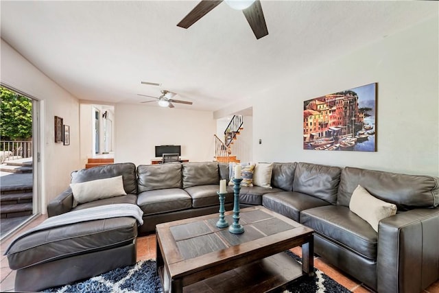 1335 Crestview Ave, Seal Beach, CA 90740 - living area featuring ceiling fan and stairway