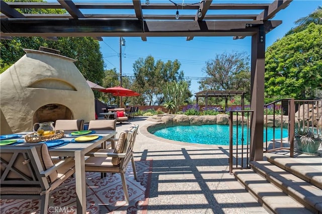1335 Crestview Ave, Seal Beach, CA 90740 - view of swimming pool featuring a pergola, a patio area, and outdoor dining space