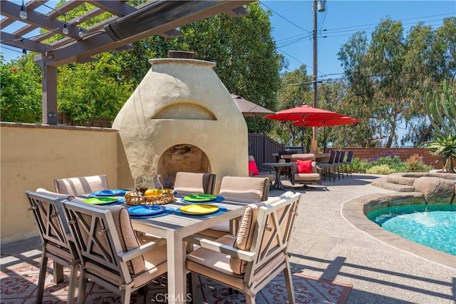 1335 Crestview Ave, Seal Beach, CA 90740 - view of patio featuring outdoor dining area, an outdoor fireplace, and a pergola
