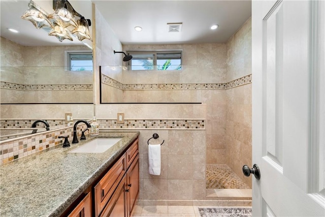1335 Crestview Ave, Seal Beach, CA 90740 - full bathroom featuring walk in shower, vanity, tile walls, tile patterned floors, and recessed lighting