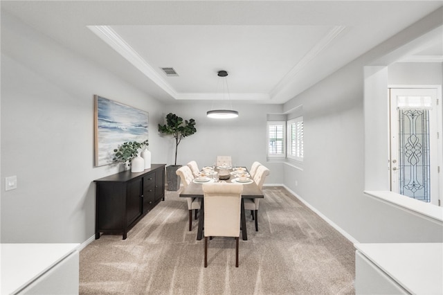 12554 Tejas Ct, Rancho Cucamonga, CA 91739 - dining room with a raised ceiling, ornamental molding, and light carpet
