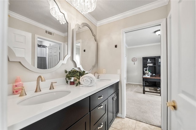 12554 Tejas Ct, Rancho Cucamonga, CA 91739 - full bathroom featuring double vanity, crown molding, a chandelier, and tile patterned floors