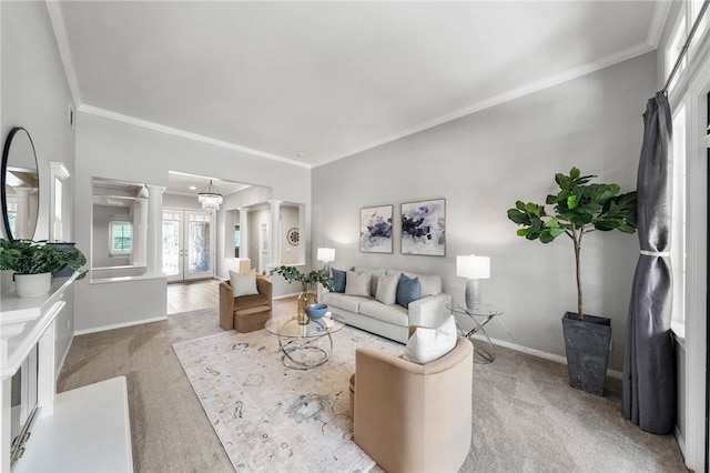 12554 Tejas Ct, Rancho Cucamonga, CA 91739 - living room featuring light carpet, ornamental molding, and decorative columns